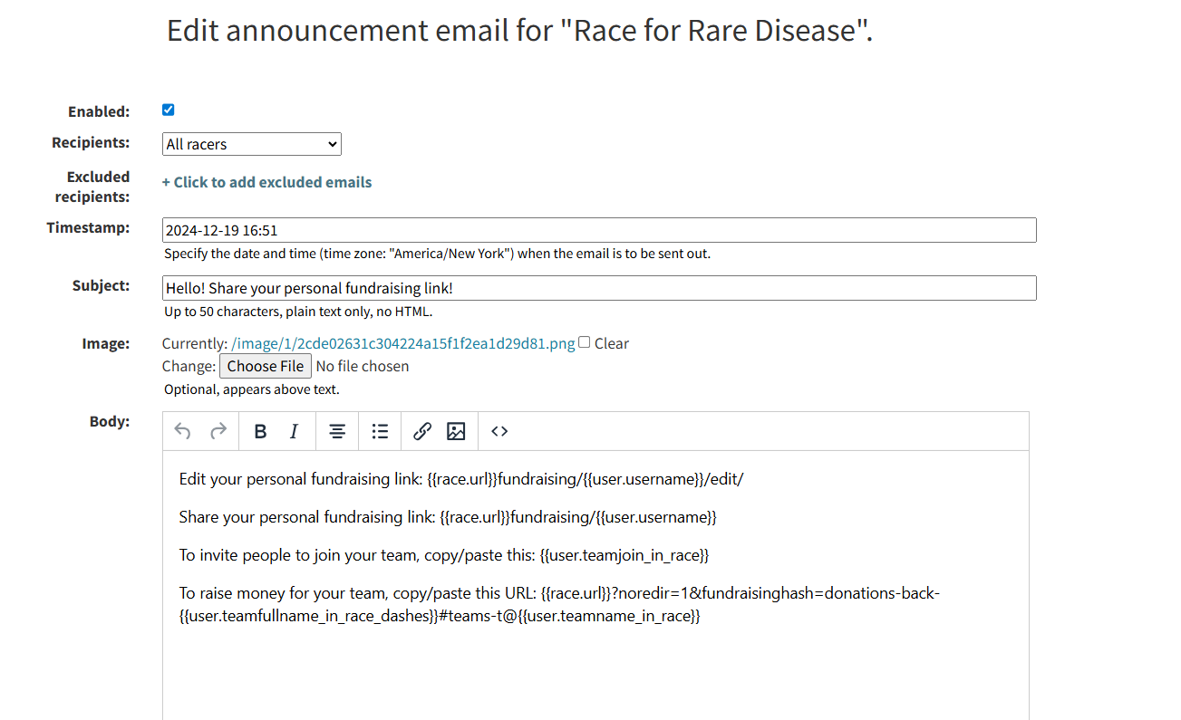 Edit announcement email form showing Enabled, Recipients, Timestamp, Subject, Image, and Body fields